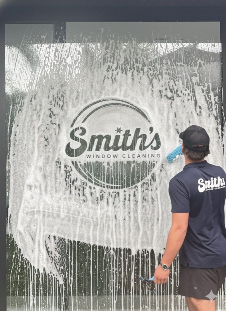 Soap suds being scrubbed off a window with the Smith's logo etched into the foam